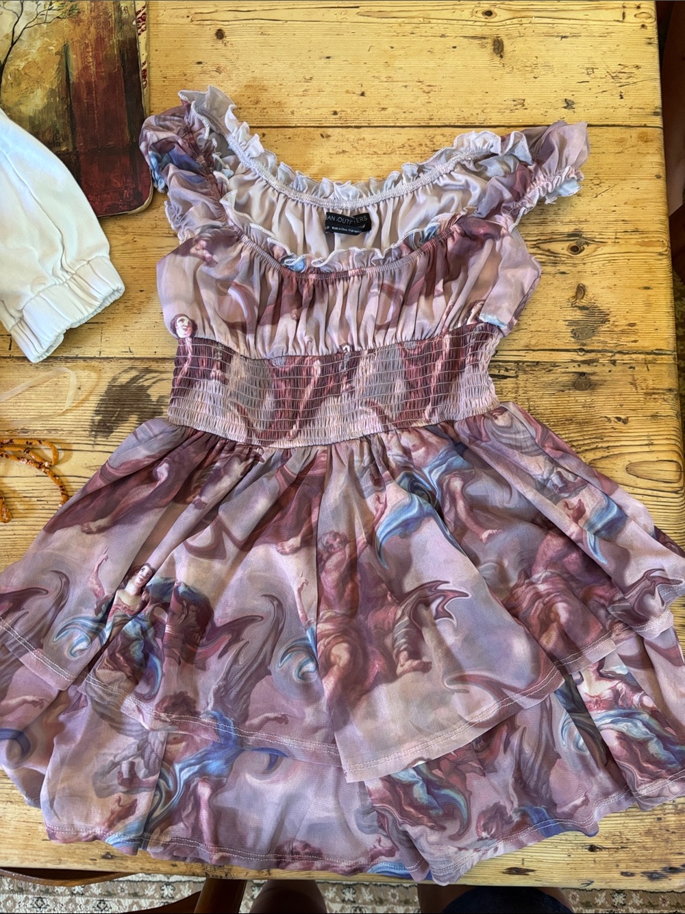 Urban Outfitters Pink Marble-Print Ruffle Mini Dress